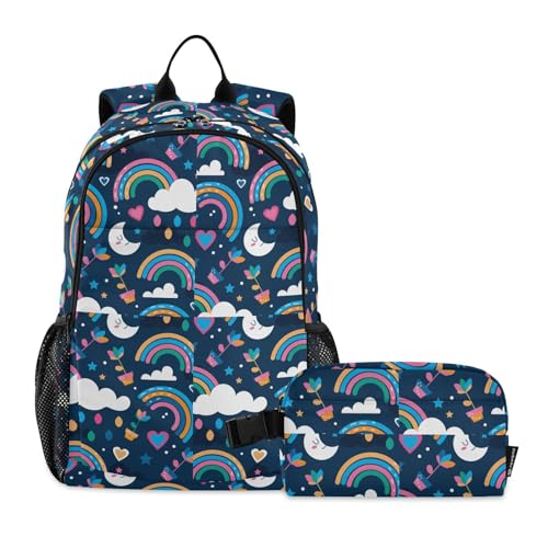 WDdZzyy Rucksack mit Lunchtasche, Regenbogen-Cartoon, Mondblau, Schultasche und Lunchbox-Set für Jungen, Büchertasche für Teenager, Mädchen, mit Lunchbox 10–12, Regenbogen Cartoon Mond Blau, 1 size von WDdZzyy