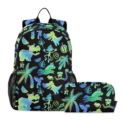 WDdZzyy Rucksack und Lunchbox für Jungen, Palme, tropische Tiere, schwarzer Schulrucksack mit Lunchtasche, Büchertasche und Lunchbox 7–10, Palme, tropische Tiere, Schwarz, 1 size von WDdZzyy