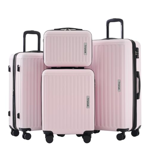 Koffer-Set 4-teilig Hartschalen-Trolley Reisekoffer Rollkoffer Handgepäck mit Kosmetiktasche ABS-Material TSA-Schloss 360°-Rollen Teleskopgriff erweiterbar Netztaschen Kreuzgurte S M L XL (Rosa) von WEALTHOME