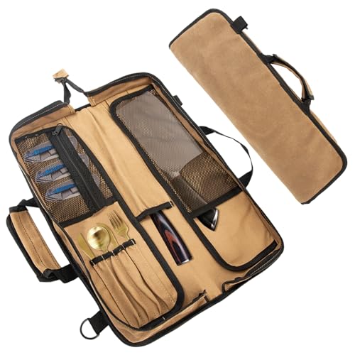 WEESTAAMO Kochmesser-Rolltasche, 12 Taschen, leicht, Küchenutensilien, schmutzabweisend, Nylon, perfekt für den Reisekoch mit Messern, Armeegrün, leicht (Messer nicht im Lieferumfang enthalten), von WEESTAAMO