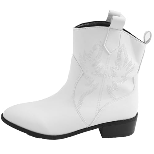 Damen Stiefeletten, Kurze Stiefel, Cowboystiefel, Weite Passform, Wanderstiefel, zum Hineinschlüpfen, Westernstiefel mit mittlerer Wade, Spitze Zehenpartie,Weiß,39 von WEHAM