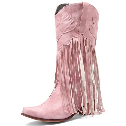 Rosa,42,Western-Cowboystiefel mit Fransen für Damen, mittelhohe Reitstiefel mit spitzem, dickem Absatz und breiter Wade, Klassische, bestickte, Bequeme Cowgirl-Stiefeletten zum Überziehen Rosa,42,Western-Cowboystiefel mit Fransen für Damen, mittelhohe Reitstiefel mit spitzem, dickem Absatz und breiter Wade, Klassische, bestickte, Bequeme Cowgirl-Stiefeletten zum Überziehen von WEHAM