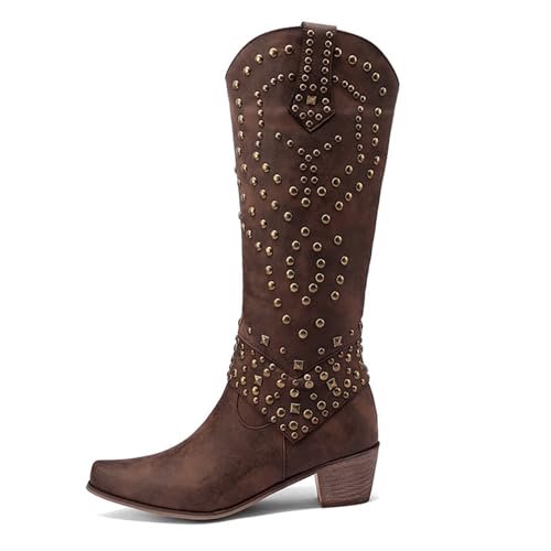 WEHAM Damen Western Cowgirl Cowboy Stiefel, Vintage Schlupfstiefel Mid Calf Stiefel Stickerei Kniehohe Stiefel Herbst Nieten Reitstiefel,Braun,42 von WEHAM