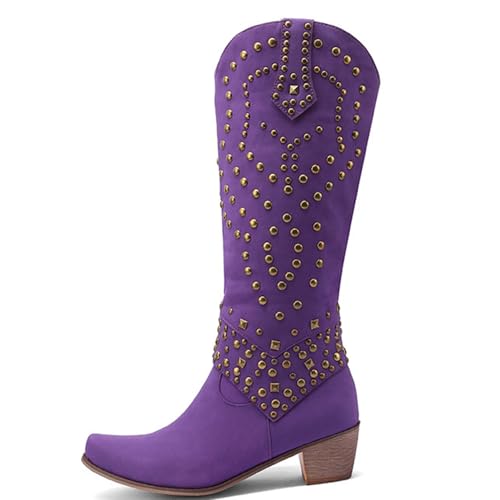 WEHAM Damen Western Cowgirl Cowboy Stiefel, Vintage Schlupfstiefel Mid Calf Stiefel Stickerei Kniehohe Stiefel Herbst Nieten Reitstiefel,Lila,38 WEHAM Damen Western Cowgirl Cowboy Stiefel, Vintage Schlupfstiefel Mid Calf Stiefel Stickerei Kniehohe Stiefel Herbst Nieten Reitstiefel,Lila,38 von WEHAM