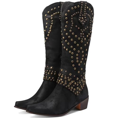 WEHAM Damen Western Cowgirl Cowboy Stiefel, Vintage Schlupfstiefel Mid Calf Stiefel Stickerei Kniehohe Stiefel Herbst Nieten Reitstiefel,Schwarz,35 von WEHAM