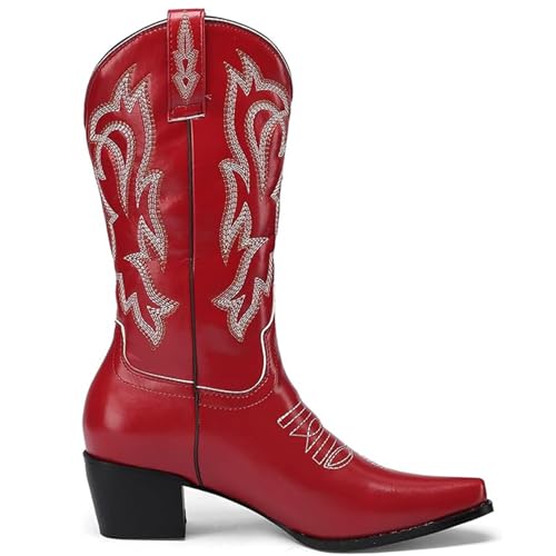 WEHAM Rot,41,Bestickte Westernstiefel für Damen, Cowboystiefel mit breitem Schaft und klobigem Absatz, modische rote und Schwarze Spitze Retrostiefel mit mittlerer Schafthöhe WEHAM Rot,41,Bestickte Westernstiefel für Damen, Cowboystiefel mit breitem Schaft und klobigem Absatz, modische rote und Schwarze Spitze Retrostiefel mit mittlerer Schafthöhe von WEHAM