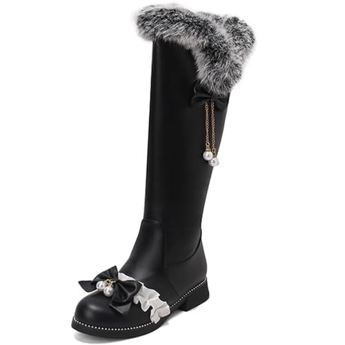 WEHAM Schwarz,39,Süße Prinzessinnen-Stiefel mit niedrigem Absatz für Damen, Flauschige Kniestiefel aus Plüsch, süße Bequeme Stiefel mit Fliege und Perlen WEHAM Schwarz,39,Süße Prinzessinnen-Stiefel mit niedrigem Absatz für Damen, Flauschige Kniestiefel aus Plüsch, süße Bequeme Stiefel mit Fliege und Perlen von WEHAM