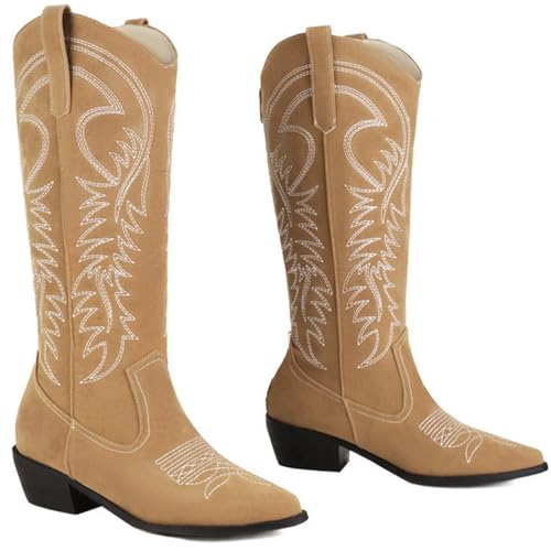 WEHAM Western-Cowgirlstiefel für Herren und Damen, Stiefel mit spitzer Spitze und weitem Schaft, Cowgirlstiefel im Vintage-Stil zum Überziehen mit Stickerei,Braun,35 von WEHAM