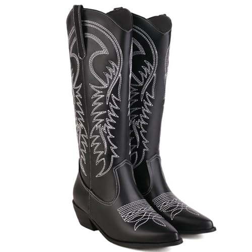 WEHAM Western-Cowgirlstiefel für Herren und Damen, Stiefel mit spitzer Spitze und weitem Schaft, Cowgirlstiefel im Vintage-Stil zum Überziehen mit Stickerei,Schwarz,36 von WEHAM