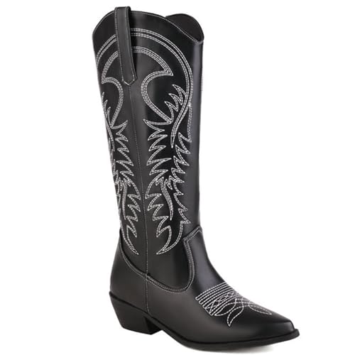 WEHAM Western-Cowgirlstiefel für Herren und Damen, Stiefel mit spitzer Spitze und weitem Schaft, Cowgirlstiefel im Vintage-Stil zum Überziehen mit Stickerei,Schwarz,44 von WEHAM