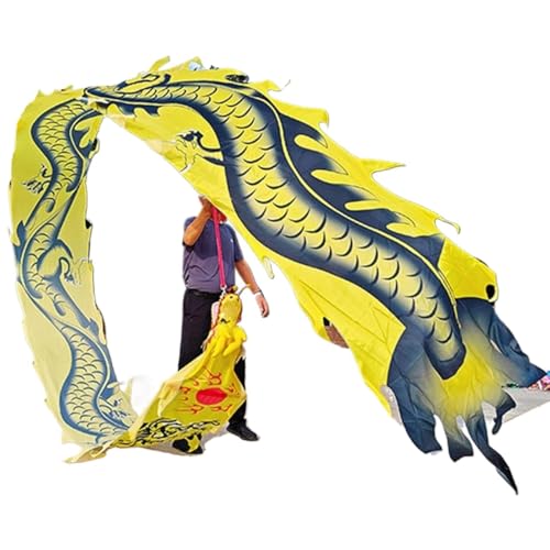 Dragon Dance Ribbon Seide zum Tanzen, Drachentanz, Drachenband mit chinesischem Loong-Bild, Outdoor-Flinging-Fitness, bunter Drachen-Streamer(Yellow,10 m (33 ft)) von WEITINGKKK