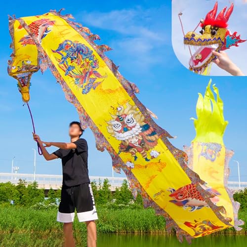 Dragon Dance Ribbon Seide zum Tanzen, Dragon Outdoor Fitness Drachen-Streamer, Orientalischer traditioneller Sport Drachen-Spinnbänder mit Reisetasche, Jongliergymnastik Spinning & Shaking(Yellow,8 m von WEITINGKKK