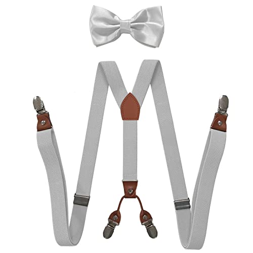 WEJUN Herren Hosenträger 2,5 X 115 cm, Erwachsene, 4 Clip-Träger, Unisex, Elastisch, X-Typ, Breite Hosenträger, Männer, Fliege, Set Für Herren, Suspensorium, Silbergrau von WEJUN