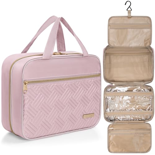 WELIDAY Reise-Kulturbeutel, geräumiger Kulturbeutel mit Haken zum Aufhängen, wasserdichte Make-up-Tasche für Damen und Herren, Reiseutensilien, Pink, Large von WELIDAY