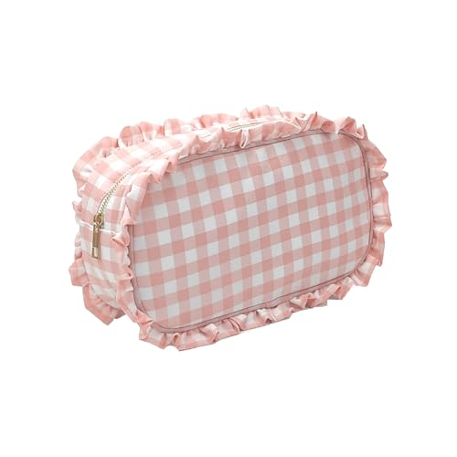 WENH 1pc Rüsche Plaid Kosmetik Tasche Personalisierte Nylon Rosa Kulturbeutel Reise Kosmetik Make-Up Tasche Organizer Braut Party Geschenk(L) von WENH