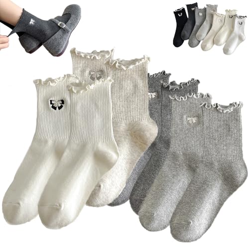 Bogen Socken Frauen Rüschen Casual Crew Kleid Mittlere Waden Socken Weiche Atmungsaktive Strick Hohe Knöchel Tulpe Nette Socken Bequeme Erwachsene Socken (One Size,4PCS-F) von WENJIN