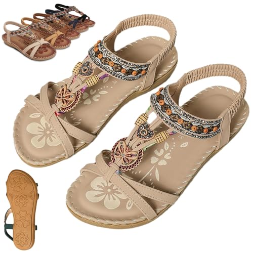 Damen Elegante Strass Schmetterling Flache Sandalen, Bohemian Mode Casual rutschfeste Dias Strand Fisch-Mund Sandalen (35-EU,Apricot) von WENJIN