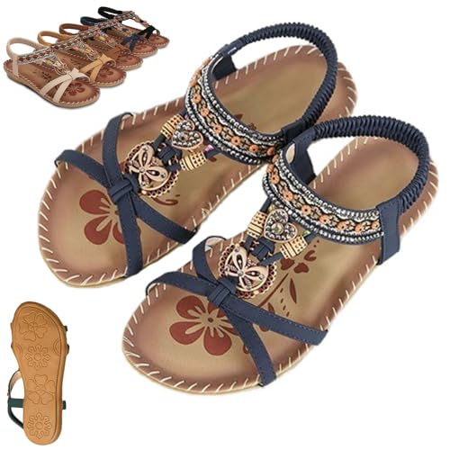 Damen Elegante Strass Schmetterling Flache Sandalen, Bohemian Mode Casual rutschfeste Dias Strand Fisch-Mund Sandalen (39-EU,Blue) von WENJIN