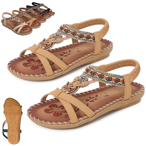 Damen Elegante Strass Schmetterling Flache Sandalen, Bohemian Mode Casual rutschfeste Dias Strand Fisch-Mund Sandalen (43-EU,Brown) von WENJIN