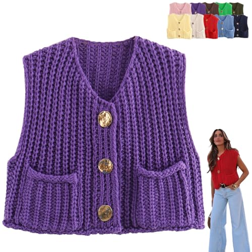 Frauen ärmellos Chunky Strick Cardigan V-Ausschnitt Button Down Weste Casual Mode Lose-Fitted Häkelpullover mit Taschen (Medium,Purple) von WENJIN