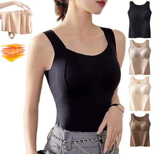 Thickened Warm Tank Top with Shelf Bra, Women's Fleece Lined Vest, Solid Sleeveless Camisole, Cold Weather Undershirt (L(50-60kg),Black) von WENJIN