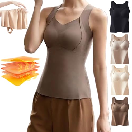 Thickened Warm Tank Top with Shelf Bra, Women's Fleece Lined Vest, Solid Sleeveless Camisole, Cold Weather Undershirt (L(50-60kg),Brown) von WENJIN