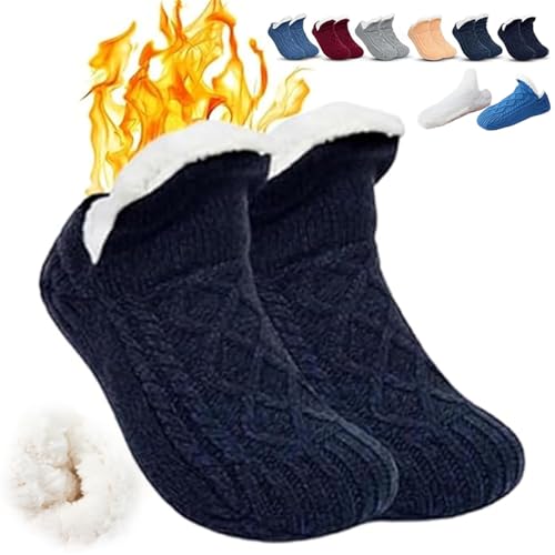 Truecups Fleece-Socken, Fleecesox - Fleece-gefütterte rutschfeste Thermo-Hausschuhe Socken, V-Mouth Fluffy Slipper Socken (26cm,Dunkelblau) von WENJIN