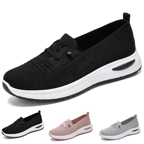 Women Breathable Mesh Knitted Sneakers Low Top Walking Shoes Lightweight Casual Wide Width Soft Sole Arch Support Non-Slip Shoes (38-EU,Black) von WENJIN