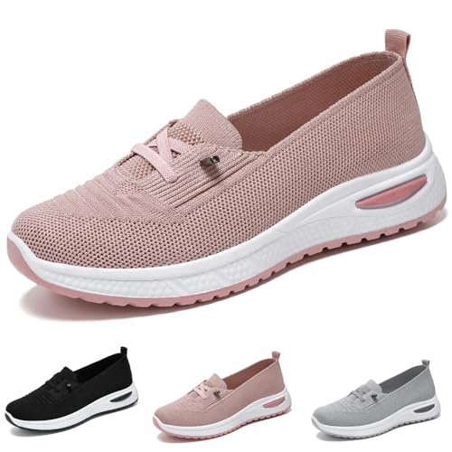 Women Breathable Mesh Knitted Sneakers Low Top Walking Shoes Lightweight Casual Wide Width Soft Sole Arch Support Non-Slip Shoes (39-EU,Pink) von WENJIN