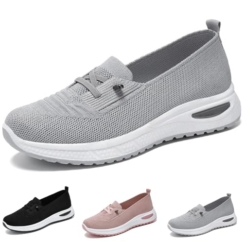 Women Breathable Mesh Knitted Sneakers Low Top Walking Shoes Lightweight Casual Wide Width Soft Sole Arch Support Non-Slip Shoes (40-EU,Grey) von WENJIN