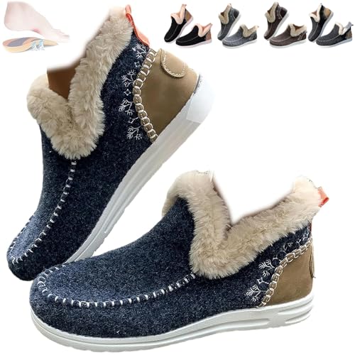 Women's Winter Plush Lined Flat Shoes Comfy Orthopedic Arch Support Keep Warm Outdoor Walking Shoes Classic Non-Slip Ankle Snow Boots (39-EU,Blue) von WENJIN