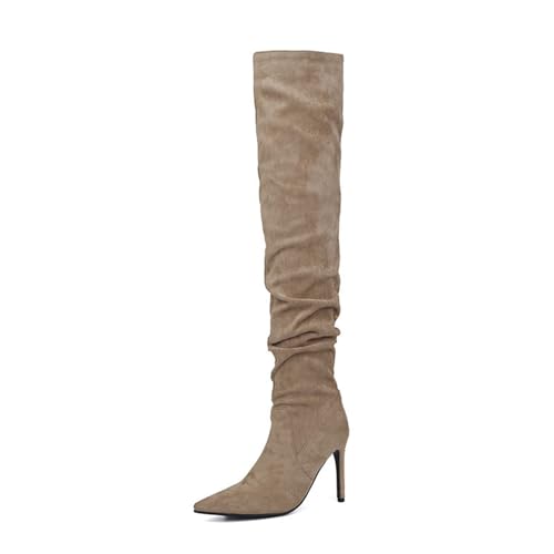 WERYHKBMDF Damen Stiefel Knielang Spitz Boots Stiletto Fashion Pumps Absatzhöhe 10CM Geeignet für Verabredungen und Familienfeiern,Beige,33 von WERYHKBMDF