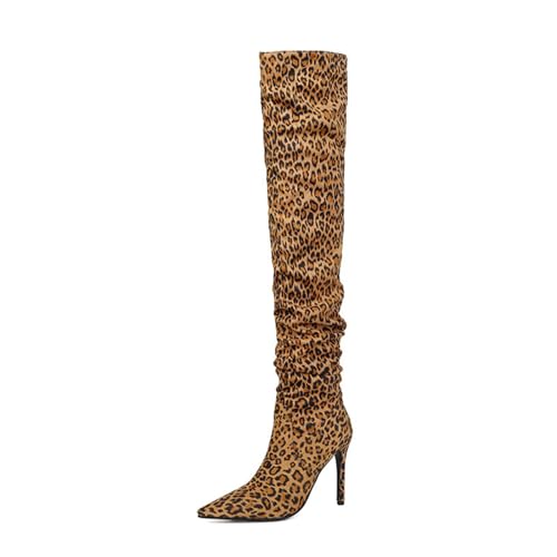 WERYHKBMDF Damen Stiefel Knielang Spitz Boots Stiletto Fashion Pumps Absatzhöhe 10CM Geeignet für Verabredungen und Familienfeiern,Leopard Color,42 von WERYHKBMDF