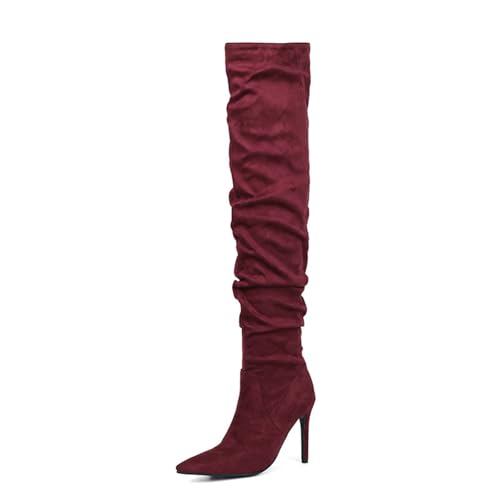 WERYHKBMDF Damen Stiefel Knielang Spitz Boots Stiletto Fashion Pumps Absatzhöhe 10CM Geeignet für Verabredungen und Familienfeiern,Red,33 von WERYHKBMDF