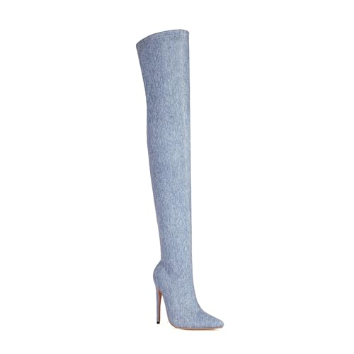 WERYHKBMDF Damen Stilettos Overknee Stiefel Ladies Boots Spitzem Seitlicher Reißverschluss Denim Schuhe Geeignet für Abendpartys,A,45 von WERYHKBMDF