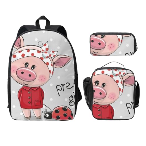 WESTCH Pretty Pinkpig 43,2 cm Tasche + Federmäppchen + Lunchtasche Kombination – vielseitiger Aufbewahrungs-Organizer für Lernbedarf, Schwarz , Einheitsgröße, Kinderrucksack von WESTCH