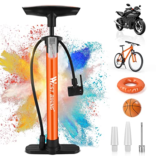 Fahrradpumpe Luftpumpe Fahrrad für alle Ventile - 11 Bar / 160 Psi Standluftpumpe - Standpumpe für Rennrad, E-Bike, Mountainbike - Fahrrad Pumpe für Französische Ventile und Adapter (Orange) von WESTGIRL