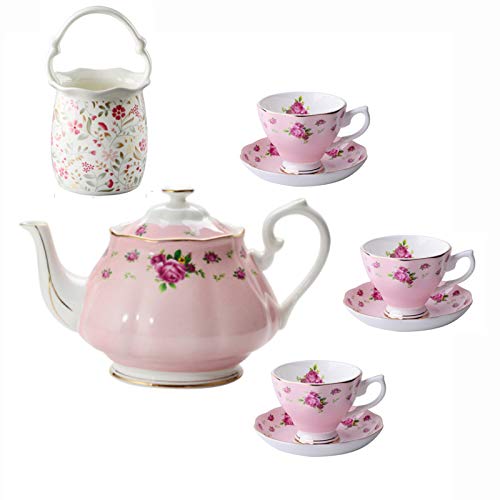 WFRUEDWC Teeset für Erwachsene, Kaffeetassen und Untertassen, Knochenporzellan, Kaffeetassen-Set, rosa alte Landrosen, Teekanne mit Löffelhalter für Nachmittagstee, B (A) von WFRUEDWC