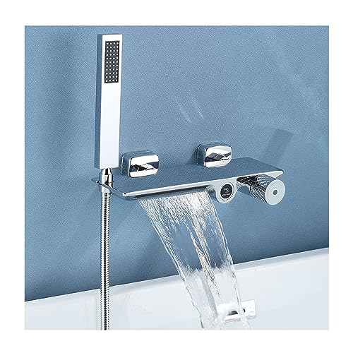 WFRUEDWC Wasserfall-Wannenhahn, Wandmontage, Einhebel-Wannenhahn aus Messing mit Handbrause, Badezimmer-Wannenmischbatterie, Duschhahn-Set (Silber) von WFRUEDWC