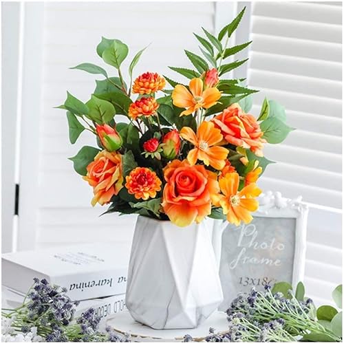 WFRUEDWC künstliche Blume mit Topf Orchidee Künstliche Seidenrose mit Marmorvase Blumen fühlen Sich echt an für Hochzeit Zuhause Büro Party Künstliche Blumen Indoor Orchidee (Orange) Hallo von WFRUEDWC