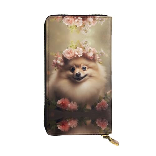 WHJWXC Leder Geldbörse 19,0 x 10,5 cm - Stilvolle und langlebige Geldbörse für Damen mit mehreren Fächern und Reißverschluss-Design Pomeranian und Blumen Muster, Schwarz, Einheitsgröße, Schwarz , von WHJWXC