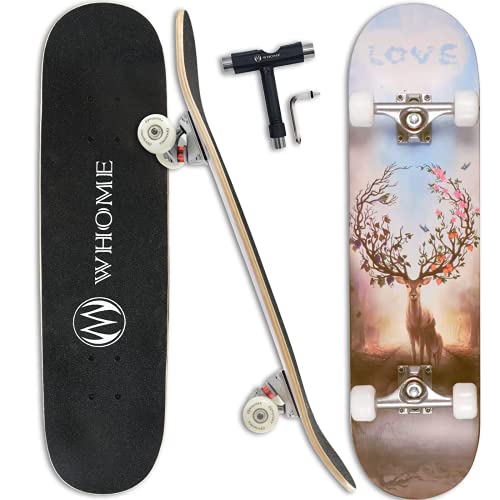 WHOME Pro Skateboards Komplett für Erwachsene/Kinder Mädchen/Jungen Anfänger/Profi - 31 x 8 Zoll Standard 8-Fach Alpine Ahorn Deck ABEC-9 inkl. T-Tool (Deer) von WHOME