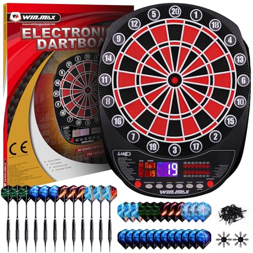 Elektronische Dartscheibe Profi Set 34 Games mit 354 Varianten3 Sprachen: Deutsch, Englisch, Französisch für 1 bis 8 Spieler mit 12 Darts SP02-H-A von WIN.MAX