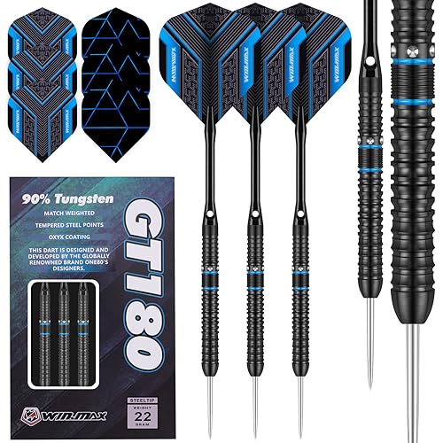 WIN.MAX Dartpfeile mit Metallspitze 90% Tungsten 3 Stück 90% Wolfram Stahl Darts 22 Gramm Dart professionelle Stahlpfeile mit Metallspitzen Schwarz von WIN.MAX