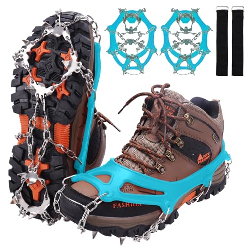 WIN.MAX Steigeisen Grödel Eisspikes, Schuhkrallen mit19 Edelstahl Zähne Spikes Schuhkrallen Grödeln Eisspikes für Klettern Bergsteigen Trekking High Altitude Winter Outdoor (Blaugrün, XL) von WIN.MAX