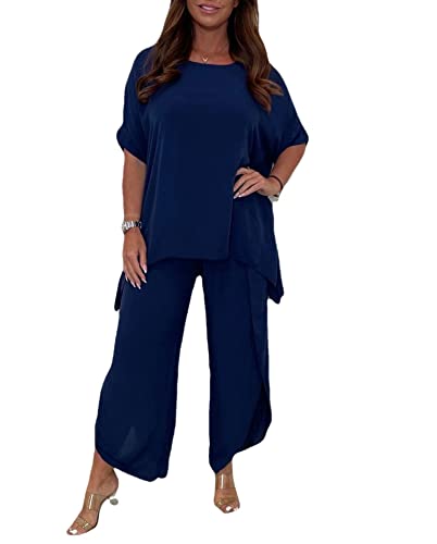 2-teiliger Hosenanzug mit Ärmeln für Frauen,Hosen mit lockeren,fließenden Ärmeln,Plus Size 5XL 2 Piece Solid Color Suit (Dark Blue,5XL) von WINDEHAO