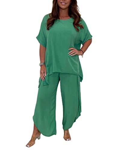 2-teiliger Hosenanzug mit Ärmeln für Frauen,Hosen mit lockeren,fließenden Ärmeln,Plus Size 5XL 2 Piece Solid Color Suit (Green,S) von WINDEHAO