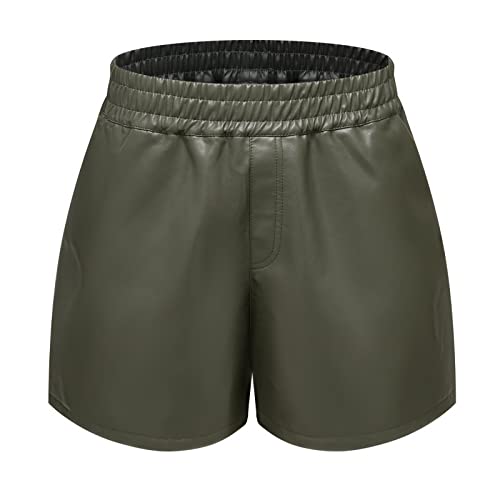 Übergröße 3XL Damen Hohe Taille Sexy Kunstleder Shorts, Taschen Weite Bein-Shorts, Casual Baggy PU Leder Shorts (Grün, L) von WINDEHAO