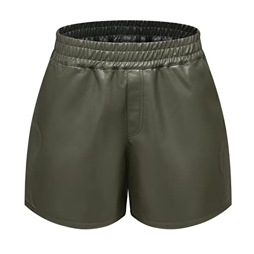 Übergröße 3XL Damen Hohe Taille Sexy Kunstleder-Shorts, Taschen Weite Bein-Shorts, lässige Baggy PU-Leder-Shorts (Grün, XXXL) von WINDEHAO