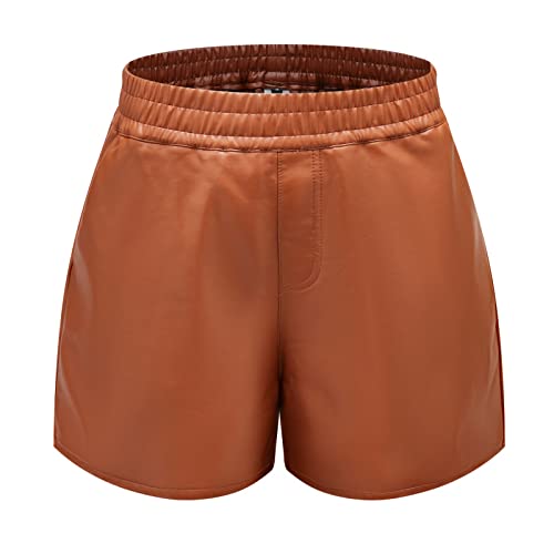 Übergröße 3XL Damen Hohe Taille Sexy Kunstleder Shorts, Taschen Weites Bein Shorts, Casual Baggy PU Leder Shorts (Braun, L) von WINDEHAO